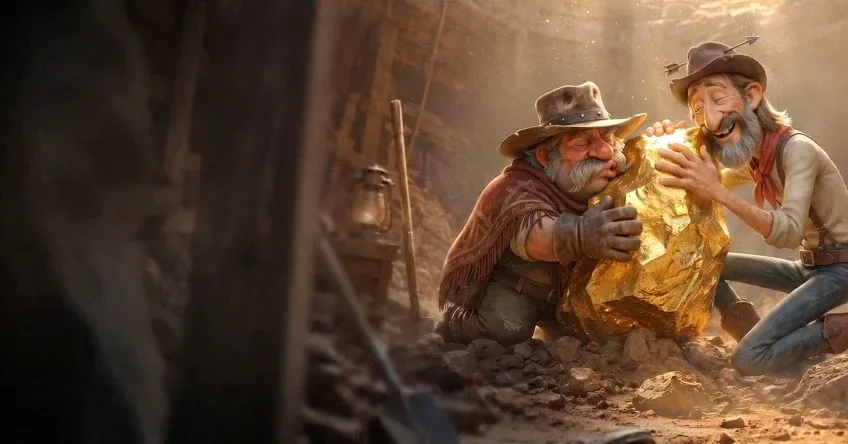 Two adult prospectors examining a gold nugget